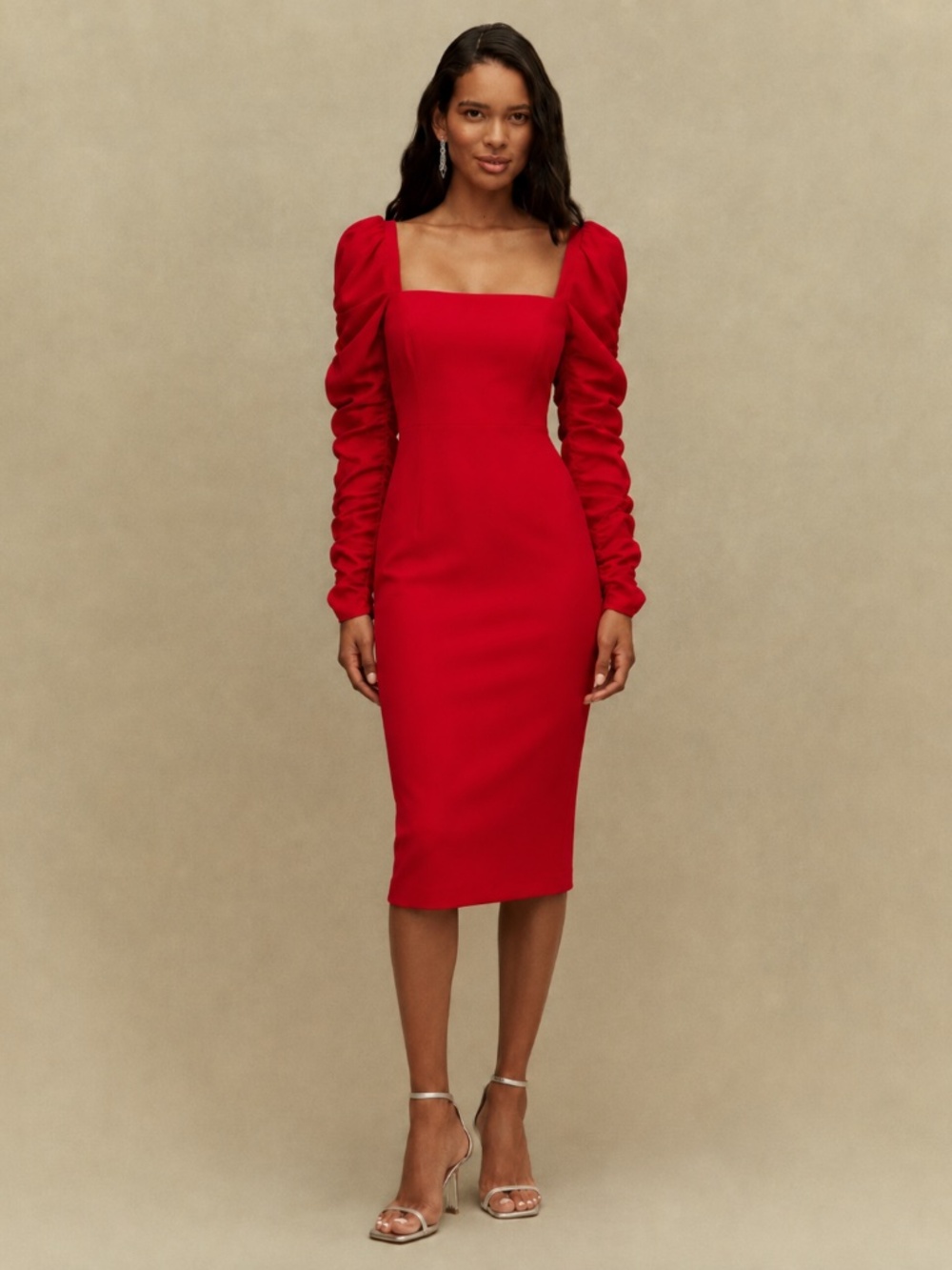 NWT Antonio Melani Elena Crepe Square Neck Long Ruched Sleeve Midi Dress
